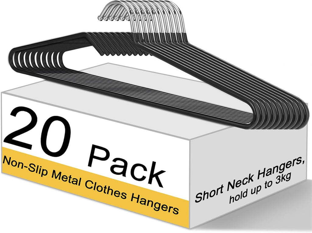 Leumoi 20 Pack Short Neck Hangers Non-Slip Metal Hangers for Clothes, Black