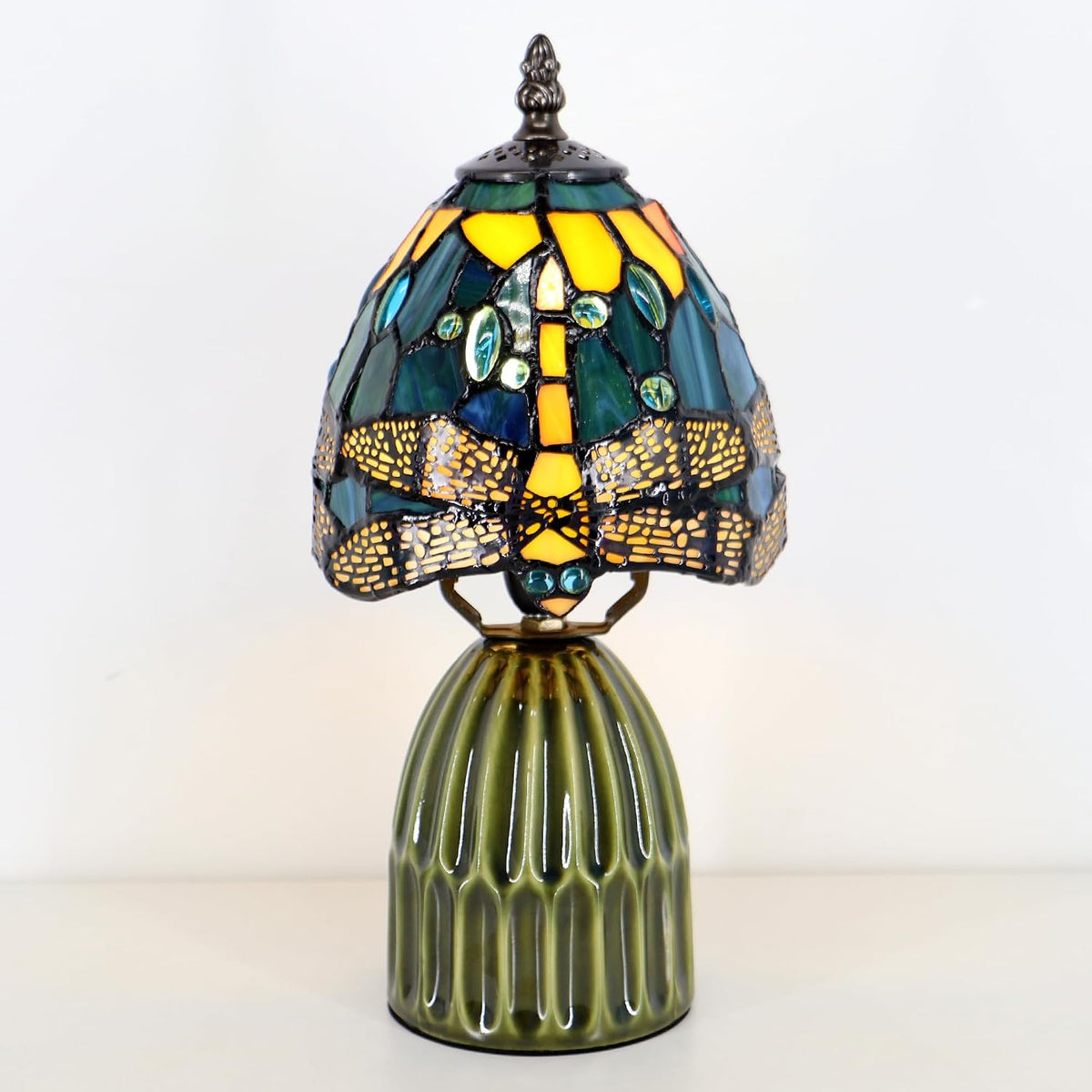 Stained Glass Mushroom Table Lamp 12.5 Inch -Yellow Dragonfly Style