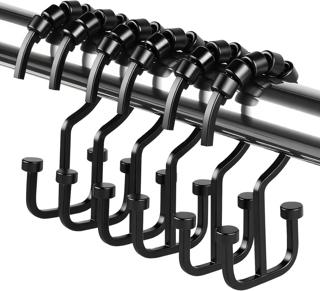 BBV Shower Curtain Hooks Rings, 12 Pcs Rust Resistant Metal Double Glide Shower Hooks for Bathroom Shower Rods Curtains(Black)