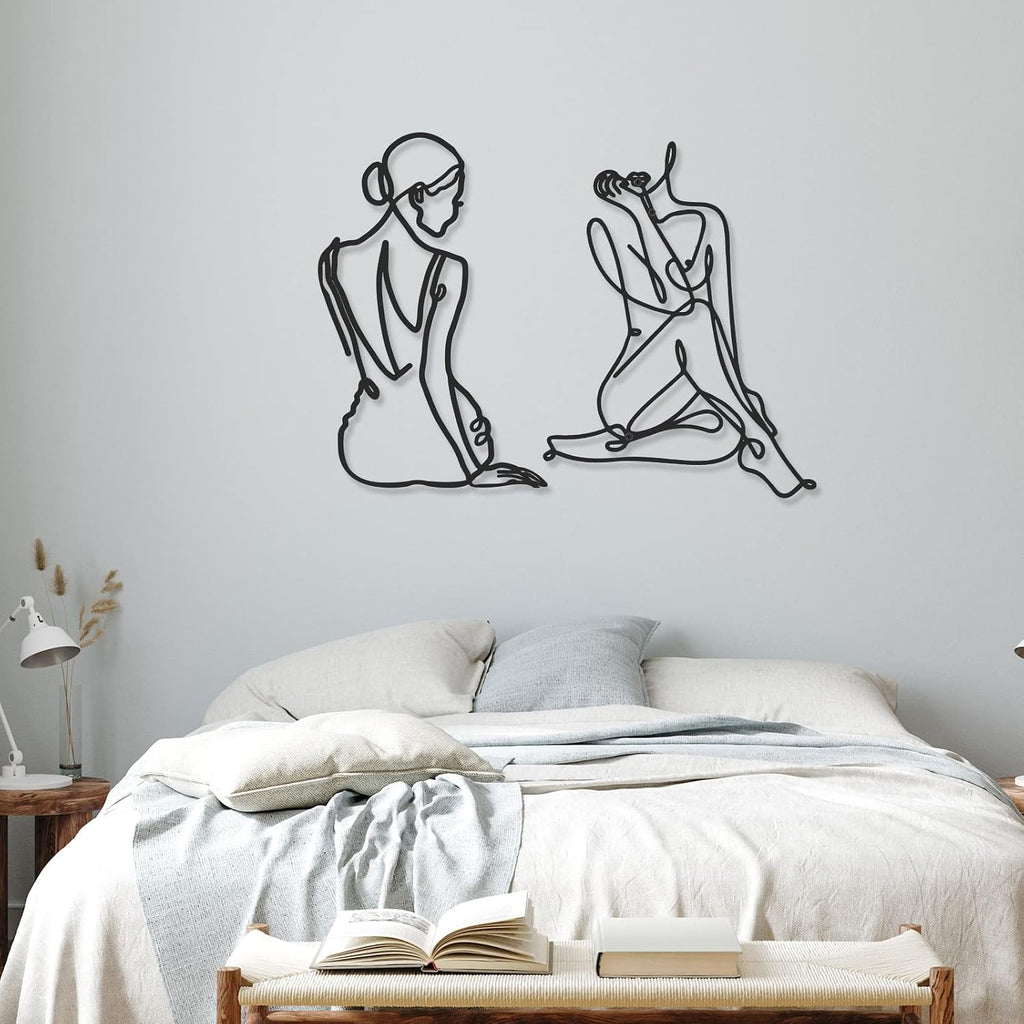 Photect 4 Pieces Metal Wall Art Decor Black Single Line Art Drawing Minimalist Abstract Female Woman Wall Sculptures Hanging Decor Accents for Bathroom Living Room(Classic)
