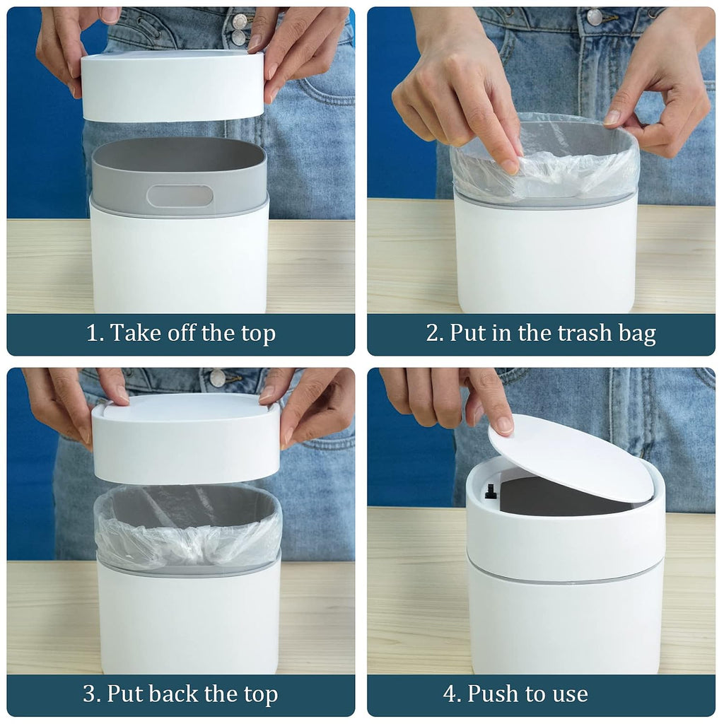 Mini Desk Trash Can with Pop-Up Lid Includes 180 Bags 0.5 Gallon, White