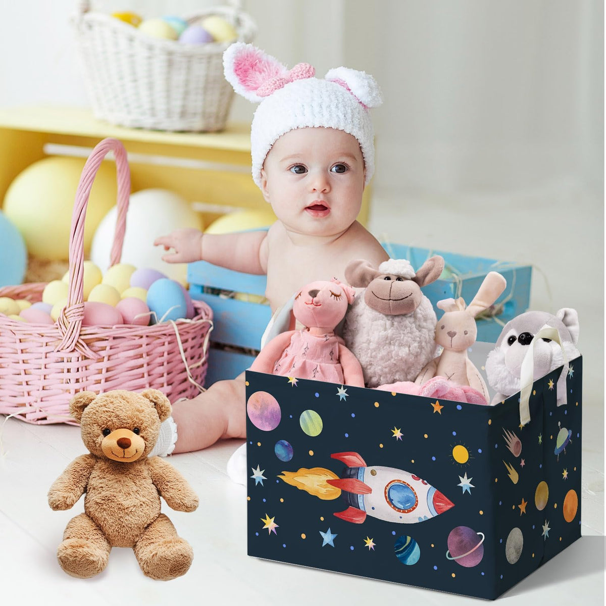 Rocket Storage Basket with Handles, Rockets Foldable Space Organizer, Waterproof Toy Box for Boys Girls, Multi Storage Container for Nursery Room, Rocket Storage for Clothes, Gifts and Home Decor
