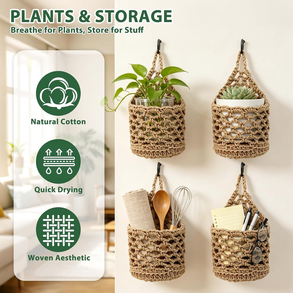 4-PCS 5 Inch Macrame Wall Plant Hangers, Small Wall Hanging Plant Holder for Up to 5 Inch Pot, Natural Cotton Rope Hanger for Indoor Plants & Daily Storage, Boho Home Decor