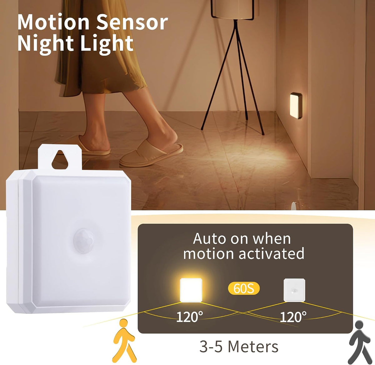 Motion Sensor Night Light Indoor - Cordless Battery Powered Under Cabinet Lighting, Stick-on Magnet LED Closet Lights, Safe Light for Stairs, Nightlight 3-Pack (Batteries not Include)
