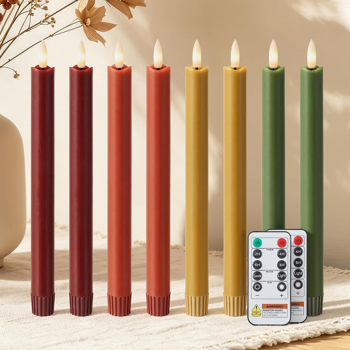 Fall Taper Candles Flameless Candle Sticks Battery Powered, Remote, 8 Pack