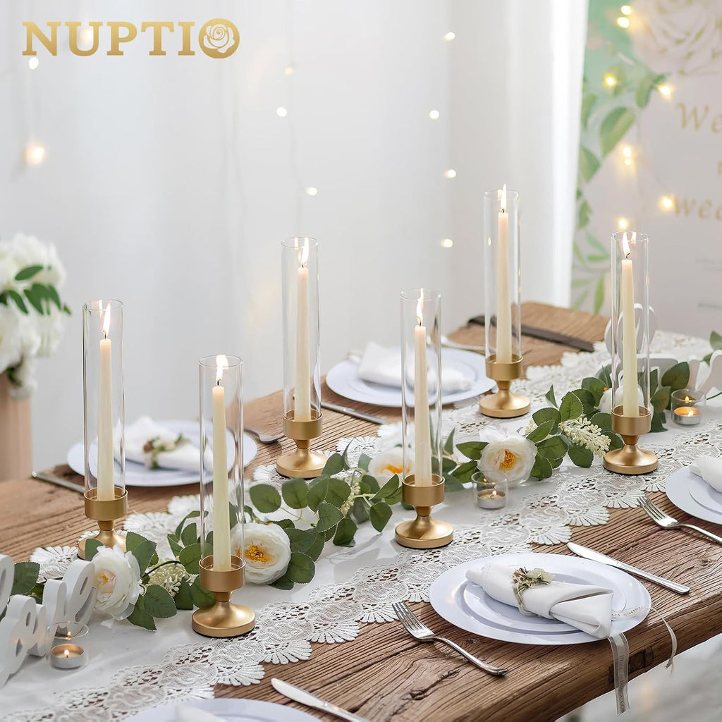 NUPTIO Hurricane Glass Candle Holder: Set of 10 Metal Taper Candle Holders