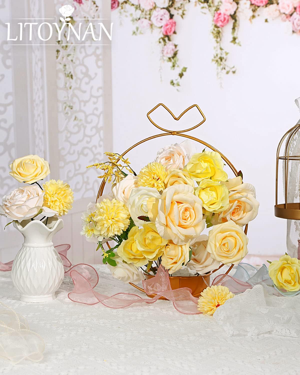Artificial Flower Combo Pale Yellow,Light Peach & White Faux Flower Box for DIY Bouquets Centerpieces Floral Arrangements