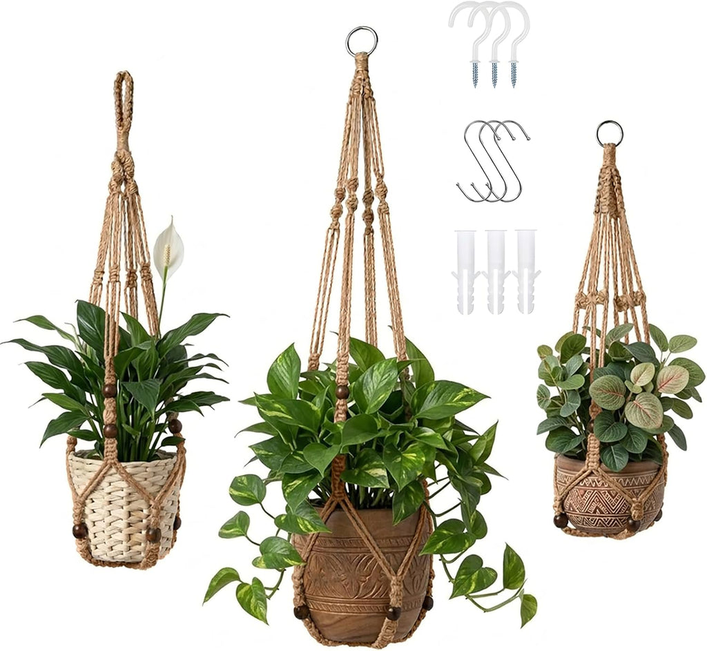 Macrame Plant Hanger 3 Pack, Jute Hanging Planter Holder Set, Brown, 35/29/23 in,with 3 Ceiling Hooks and 3 S Hooks,Suitable for Indoor and Outdoor Home Decor (Pots and Plant Not Included)