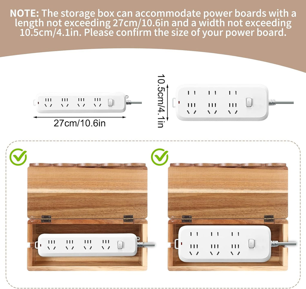 Large Cable Management Box Scalloped Edge, Acacia Wood Cable Organizer Box & Power Strip Box for Electrical Cord Management, Hide Desk Cord and Floor Cables, Wire Storage and Organization for Cords