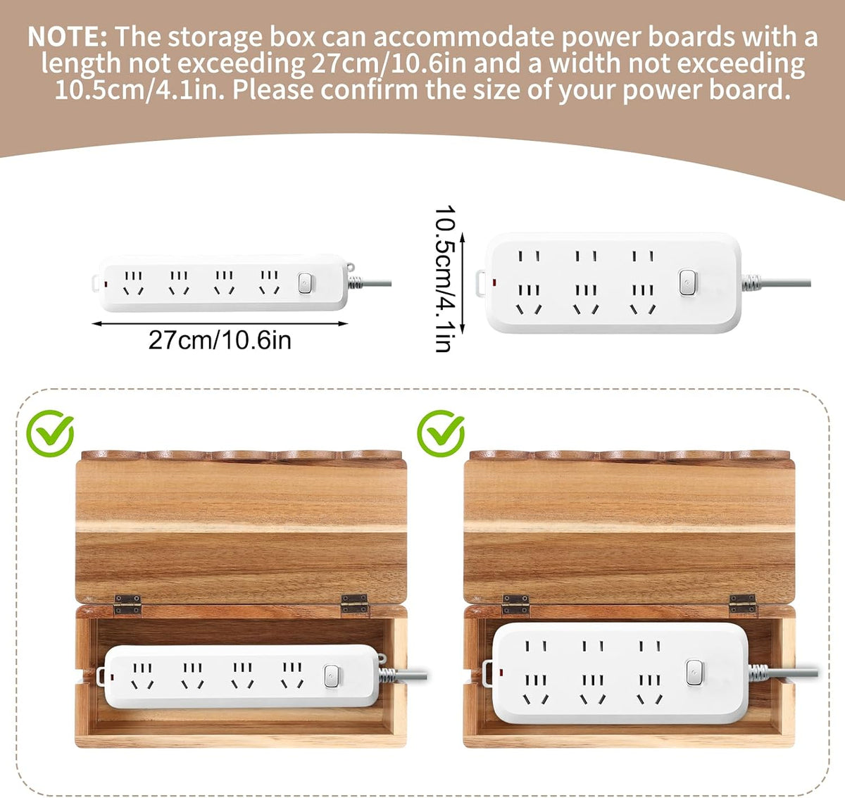 Large Cable Management Box Scalloped Edge, Acacia Wood Cable Organizer Box & Power Strip Box for Electrical Cord Management, Hide Desk Cord and Floor Cables, Wire Storage and Organization for Cords