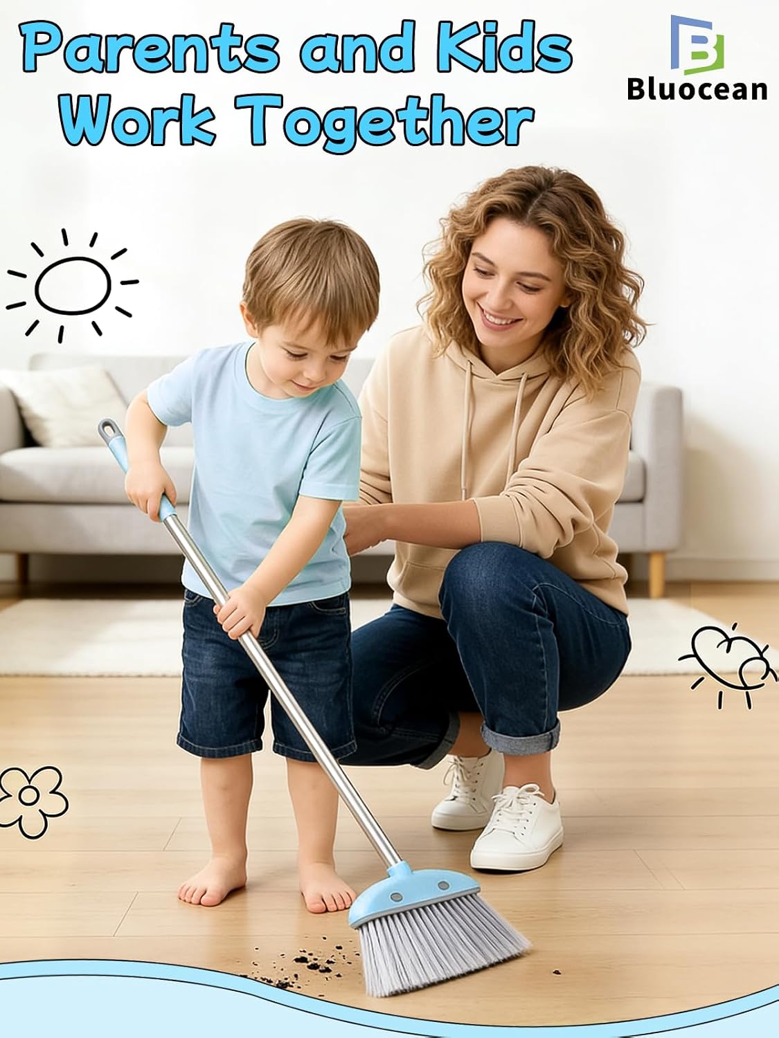 Toddler Cleaning Toy Set -28'' Kids Mini Broom with Dustpan & Mop, Toddler Household Helper, Parent-Child Interactive Play Cleaning Tool, Cute Cartoon Design, Small Safe Corner Broom (Blue)