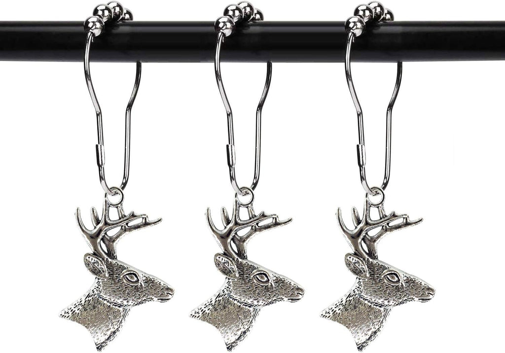 Set of 12 Deer Shower Curtain Hooks Rings Rustic Cabin Bath Christmas Theme Decoration Reindeer Antlers Stag Woodland Stainless Steel Rustproof (Silver)