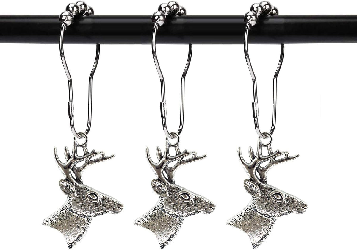 Set of 12 Deer Shower Curtain Hooks Rings Rustic Cabin Bath Christmas Theme Decoration Reindeer Antlers Stag Woodland Stainless Steel Rustproof (Silver)