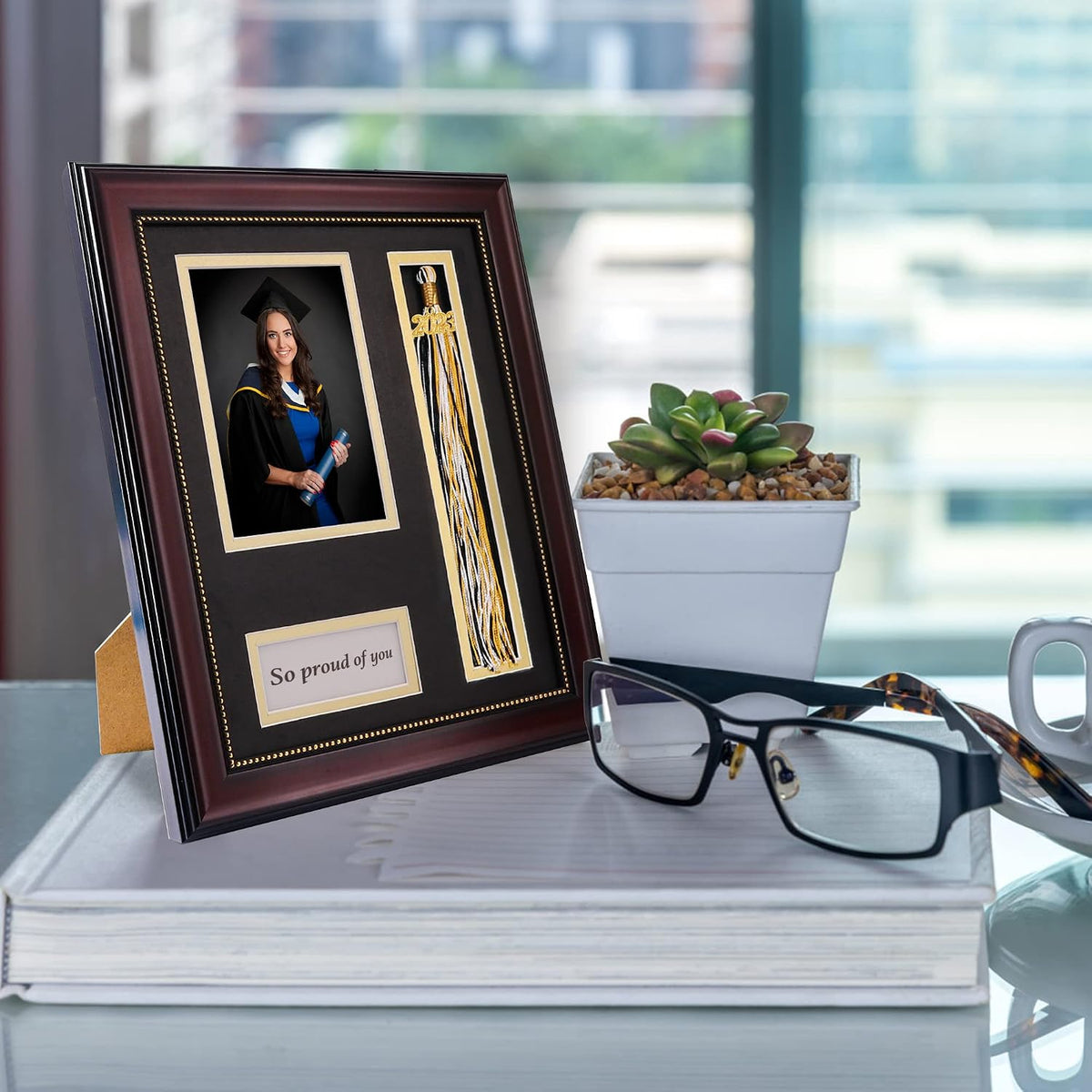 GraduationMall Graduation Photo Shadow Box Frame with Tassel Holder for 4x6 Pictures,Real Glass,Black over Gold Double Mat,Wall & Tabletop Design
