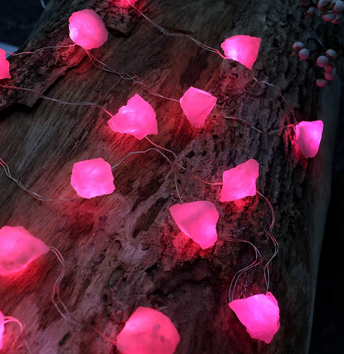 Genuine Rose Quartz Crystal Decorative String Lights Raw Stone Color Changing 8.5ft 20 LEDs USB Plug in Battery Operated with Remote for Bedroom Chakra Décor Nature Ornaments Nightlight Wedding Décor