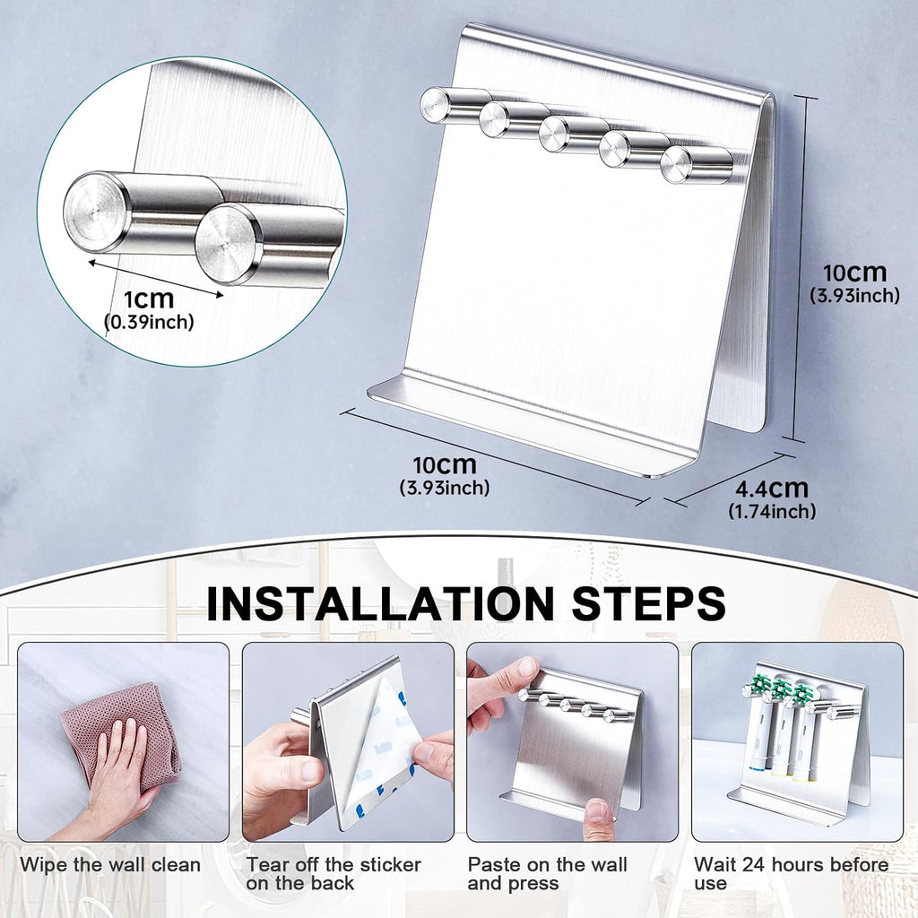 Electric Toothbrush Head Holder, Self Adhesive or Desktop Tooth Brushing Holder, Wall Mounted Toothbrush Holders Shower Bathroom, Tooth Brush Holder Organiser (Silver, Medium)