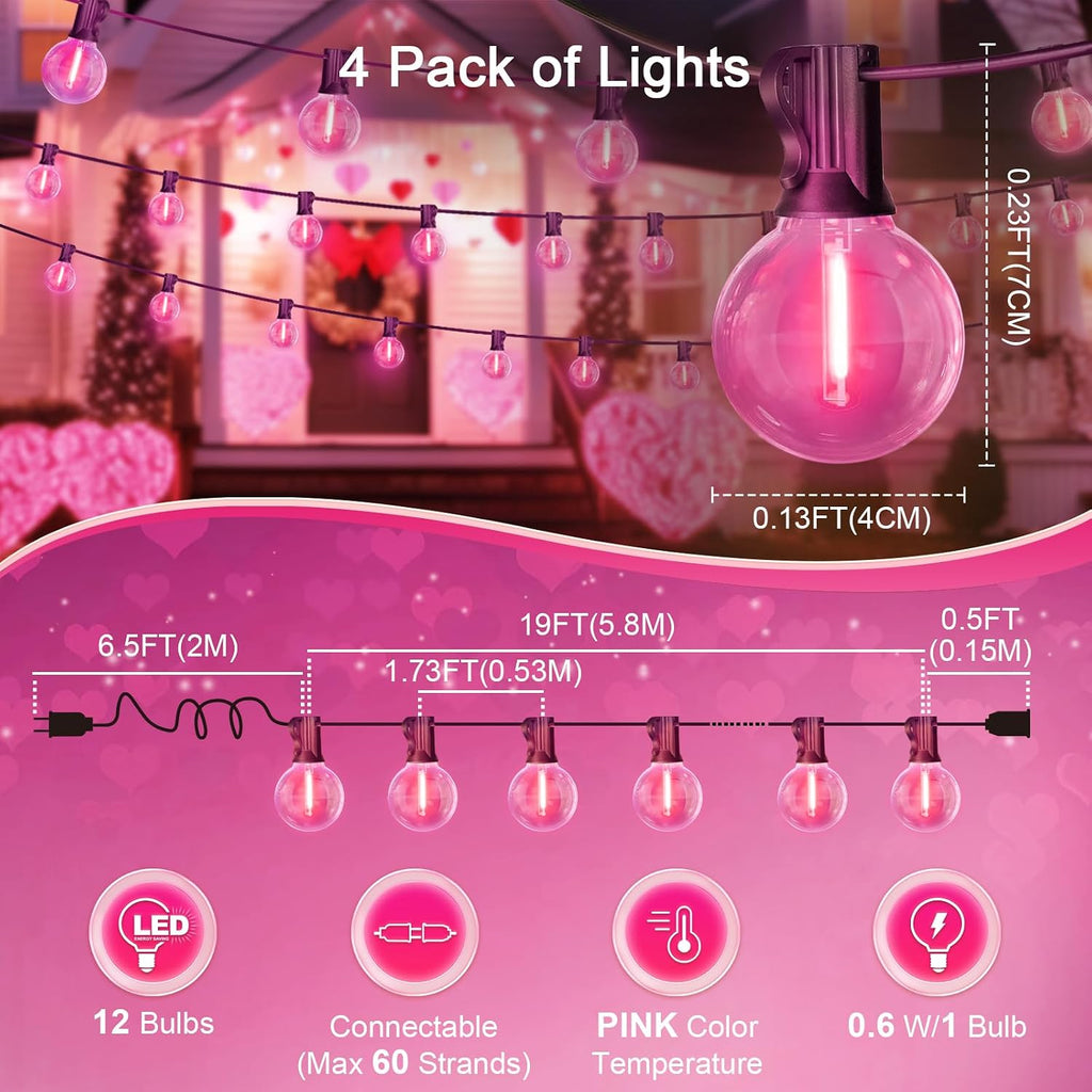 LAMPHOME 4 Pack 26FT Pink G40 LED Outdoor String Lights, Valentine's Day Decor with 13 Shatterproof Globe Bulbs, Waterproof Hanging Patio Lights or Balcony Backyard Garden Wedding Party Home Decor