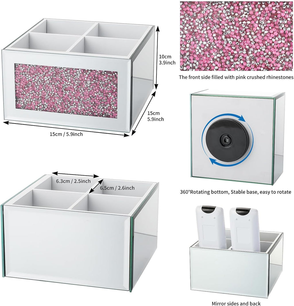 Pink 360 Rotating Remote Control Holder, Crushed Diamond TV Remote Controller Holder for Table, Desk Organizer for Pens and Pencils, Make Up Brushes, Remote Caddy Storage
