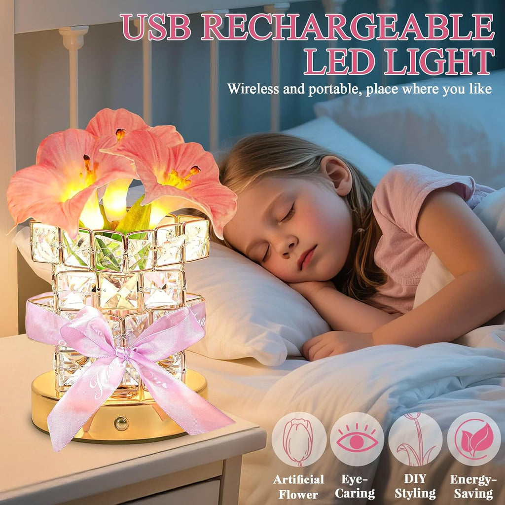 Flower Table Lamps, Rechargeable Cordless Crystal Night Light, 3 Colors Touch Dimming Artificial Flower Light, LED Flowers Bedside Lamp Romantic Gifts for Girl Women Mom (MF Morning Glory-Pink)