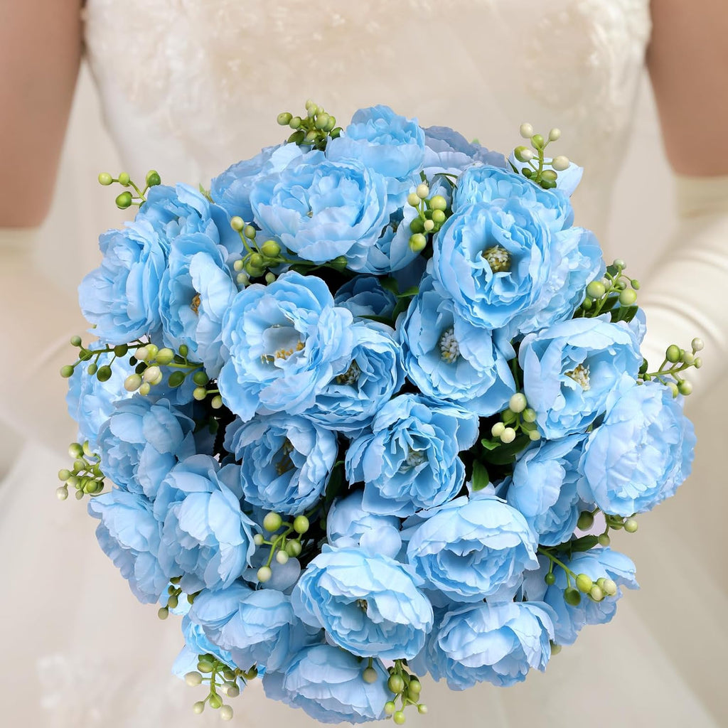 8 Bundles Peonies Artificial Flowers Blue Fake Silk Peonies Bouquet Faux Peonies Flowers Bulk for Home Decoration Vase Florals Arrangements Wedding Party Table Centerpiece