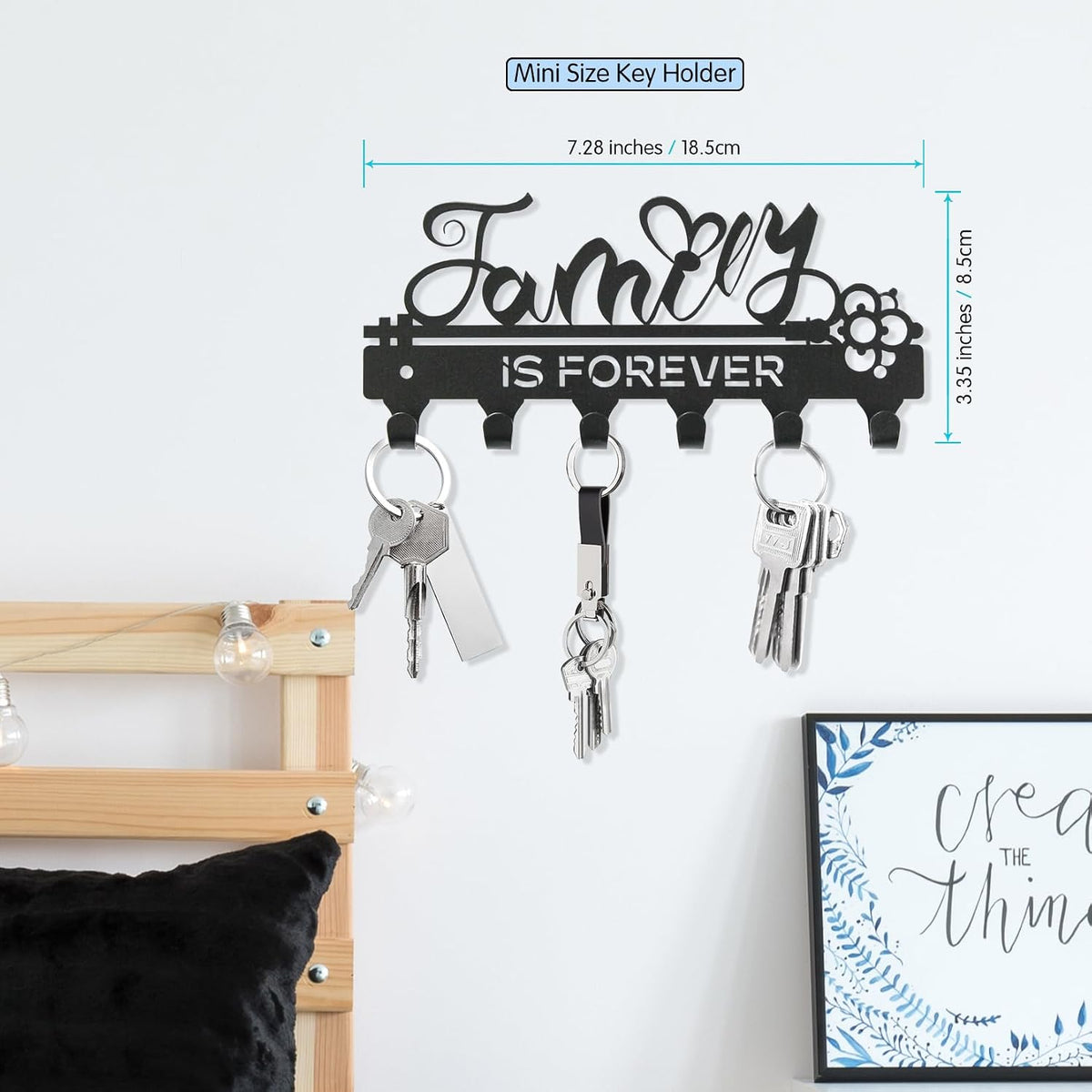 "Family Is Forever“Mini Key Holder Wall Mounted, Black Metal, 18.5x8.5cm