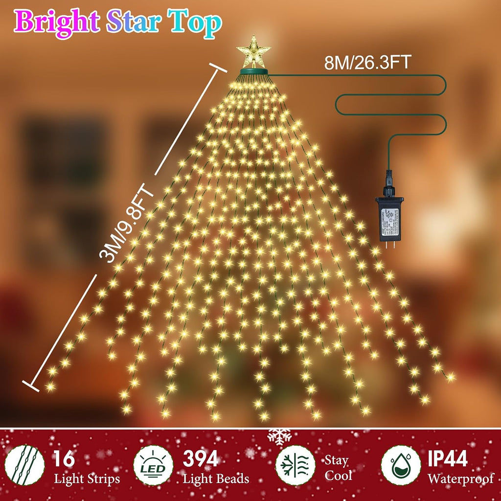 Smart Christmas Tree Lights with Star Topper, 394LED APP Control Music Sync Color Changing RGB Christmas String Lights, Cascading Twinkle Lights for Indoor Outdoor Xmas Tree Decorations