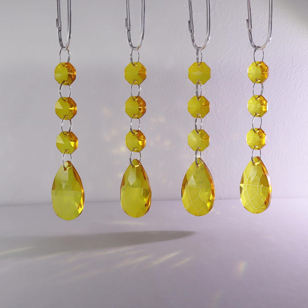 Shower Curtain Hooks Rings for Bathroom, 12PCS Gemstone Crystal Bead Water Drop Stainless Steel Rust Resistant Clear Shower Curtain Rings (Yellow)