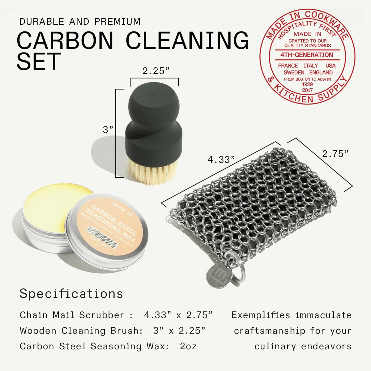Made In Cookware - 3-Piece Carbon Steel Cleaning Set - Includes Chain Mail Scrubber, Cleaning Brush and Carbon Steel Seasoning Wax