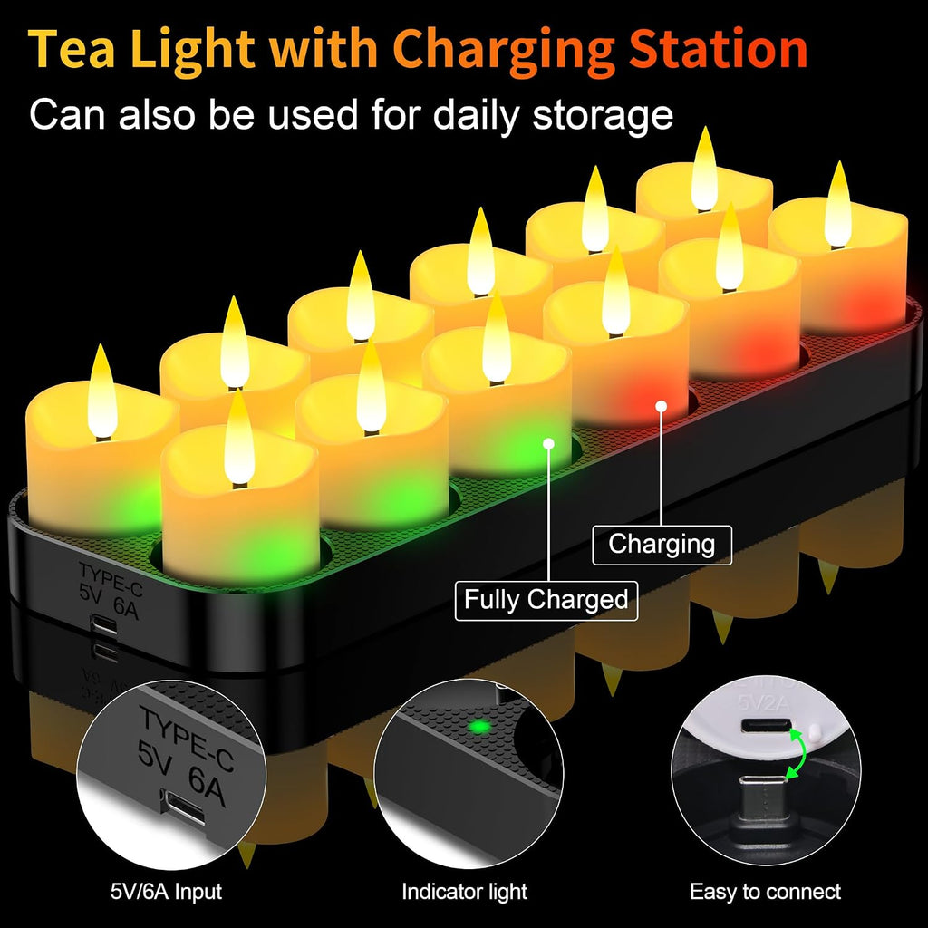 YiaMia USB-C Rechargeable Tea Lights with Charging Base 12 Pack