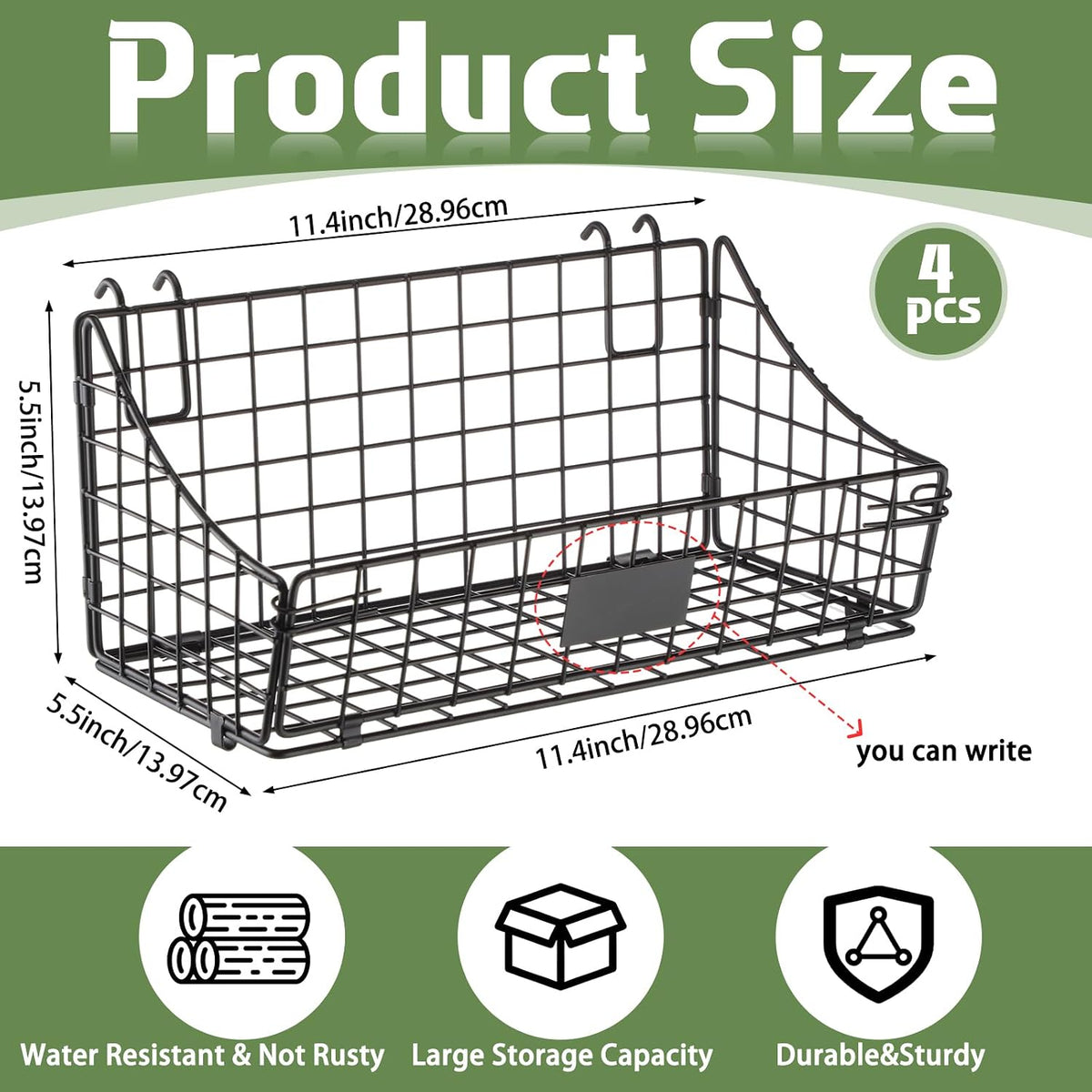 Blulu 4 Pcs Grid Wall Baskets, Wire with Hooks for Hanging, 11 x 6 x 5 Inch