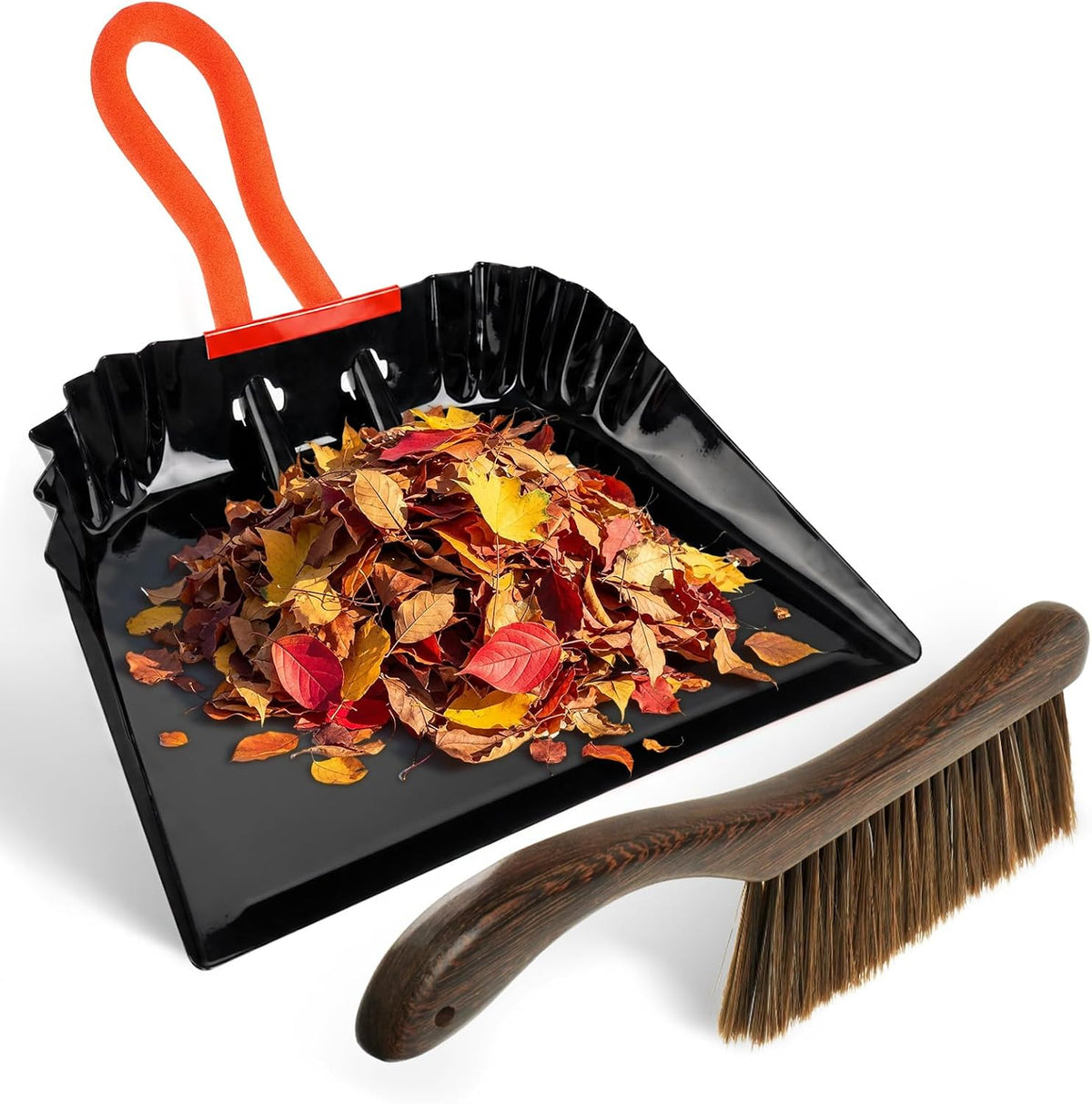 12 Inch Metal Dustpan with Wood Brush, Steel Dust Pan Brush Set