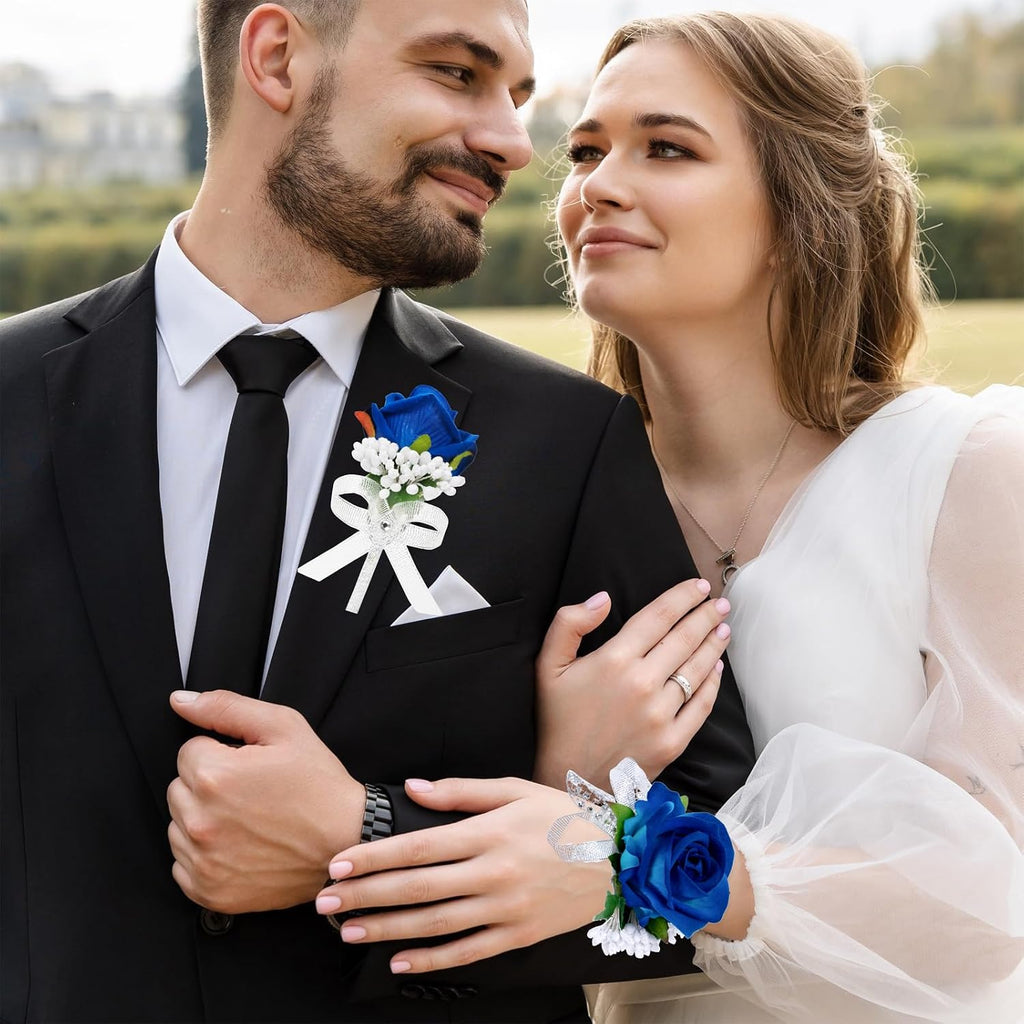 2Pcs Blue Rose Corsage and Boutonniere Set, Corsage Wristlet Band for Prom Suit Decorations, Artificial Boutonniere for Men Wedding Party Flower Accessories