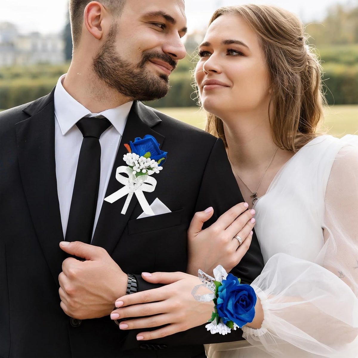 2Pcs Blue Rose Corsage and Boutonniere Set, Corsage Wristlet Band for Prom Suit Decorations, Artificial Boutonniere for Men Wedding Party Flower Accessories