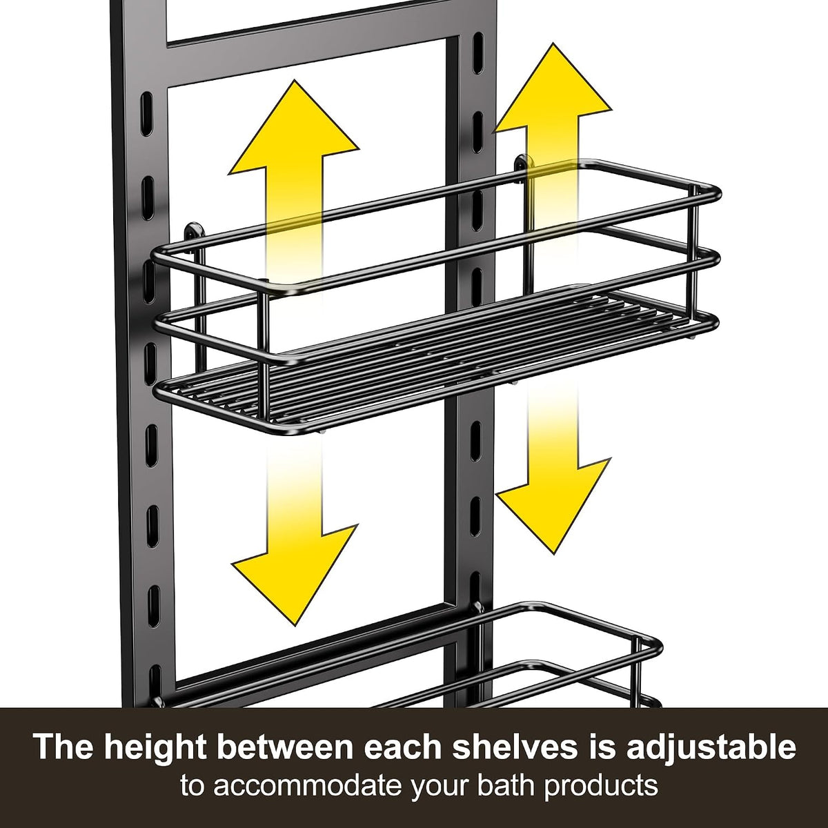 Orimade Adjustable Anti-slip Shower Caddy over Head, Rustproof Bathroom Hanging Organizer with 2 Hooks for Razor, No Drilling Shower Shelves Storage Rack 3 Tier, Black