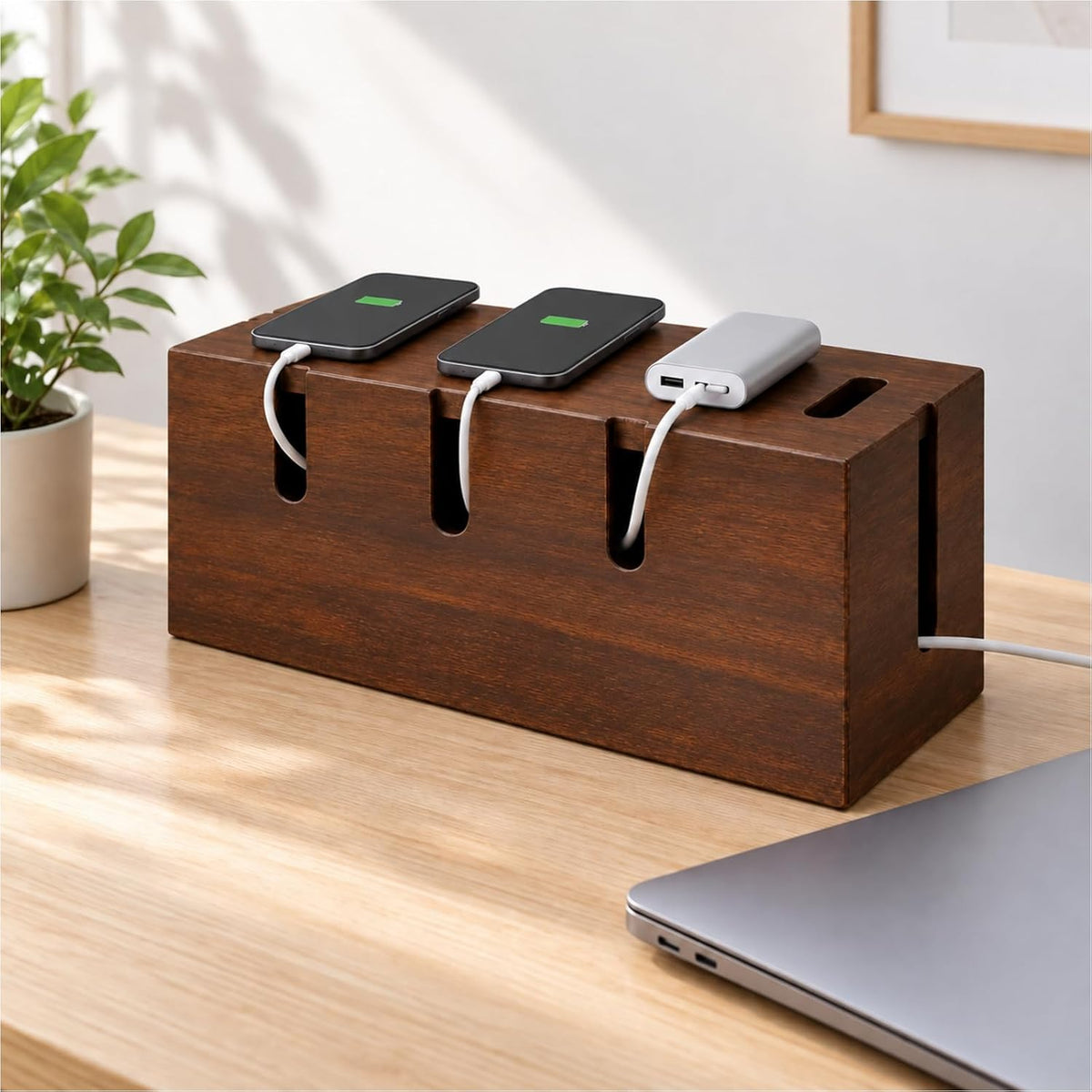 Large Wood Cable Management Box, Wooden Cord Hider Box for Power Strips, Walnut Finish Cable Organizer with 20 Reusable Ties for Desk, Floor & Home Office