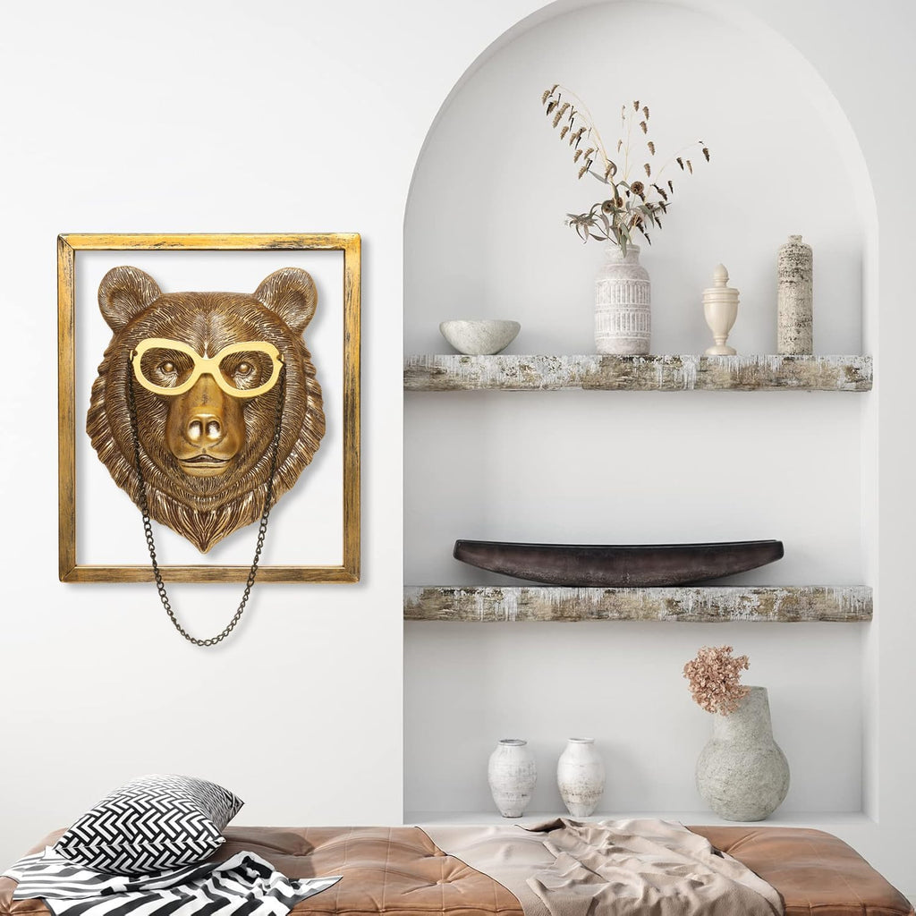 Newinhome Animal Heads Wall Decor (Includes Metal Frame) Resin Animals Sculptures Head Wall Hanging Decoration Gold vintage Wall Sculpture for Living Room Bedroom Office(Bear)