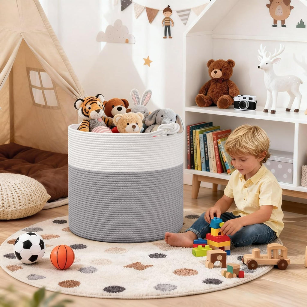 Goodpick Large Woven Rope Toy Storage Basket for Living Room, 60L, Grey