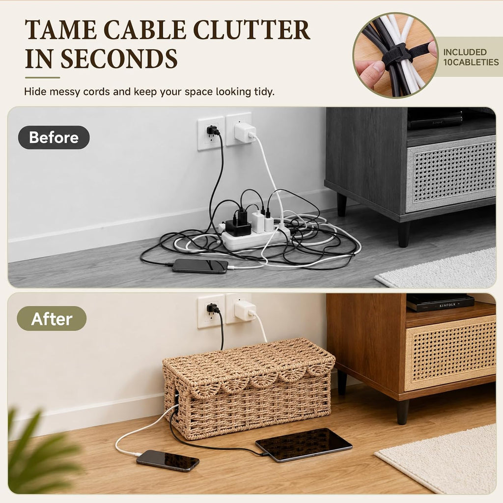Woven Cable Management Box with Scalloped Lid, 13 Inch Cord Box