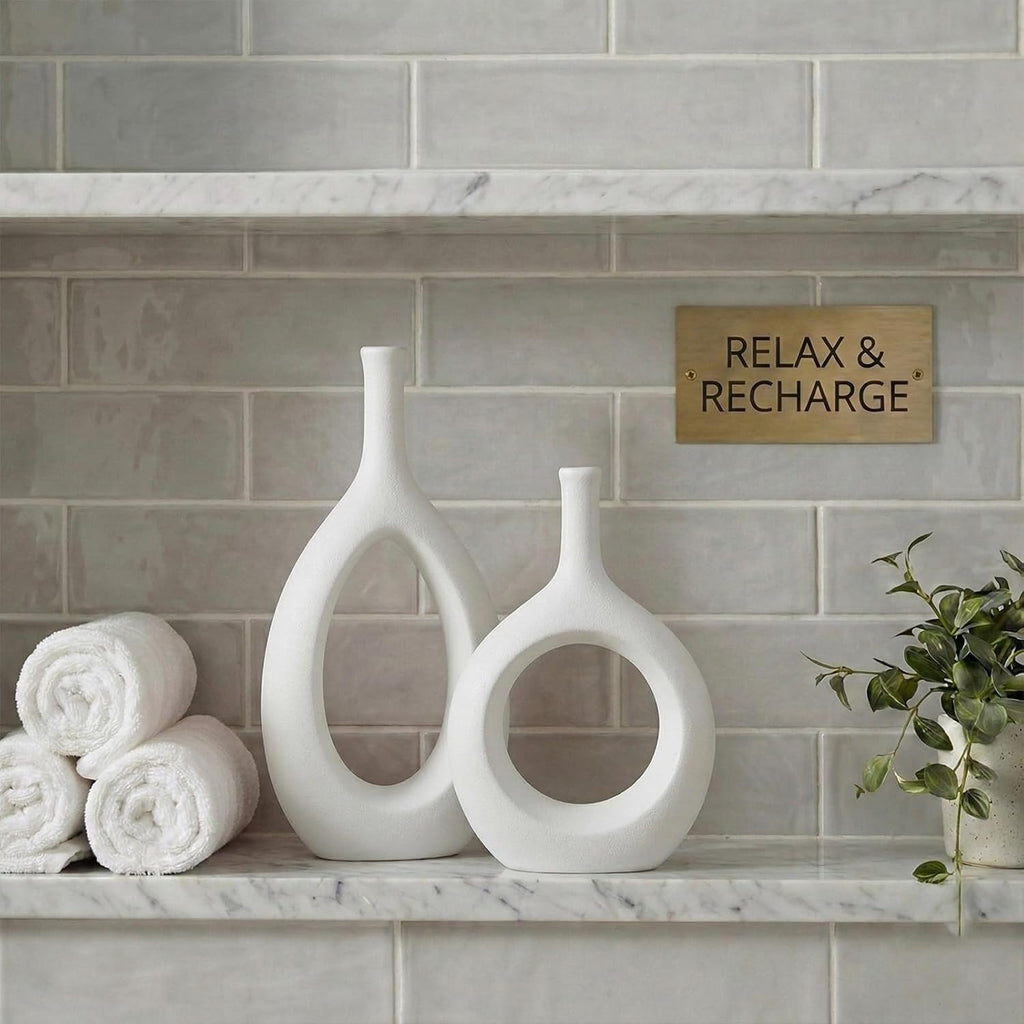 White Ceramic Hollow Elliptical Vase Set of 2 - Boho Circle Vase with Hole, for Modern White Table Decor, Living Room Decor Shelf mid Century Modern Home Entrance Decorative vase