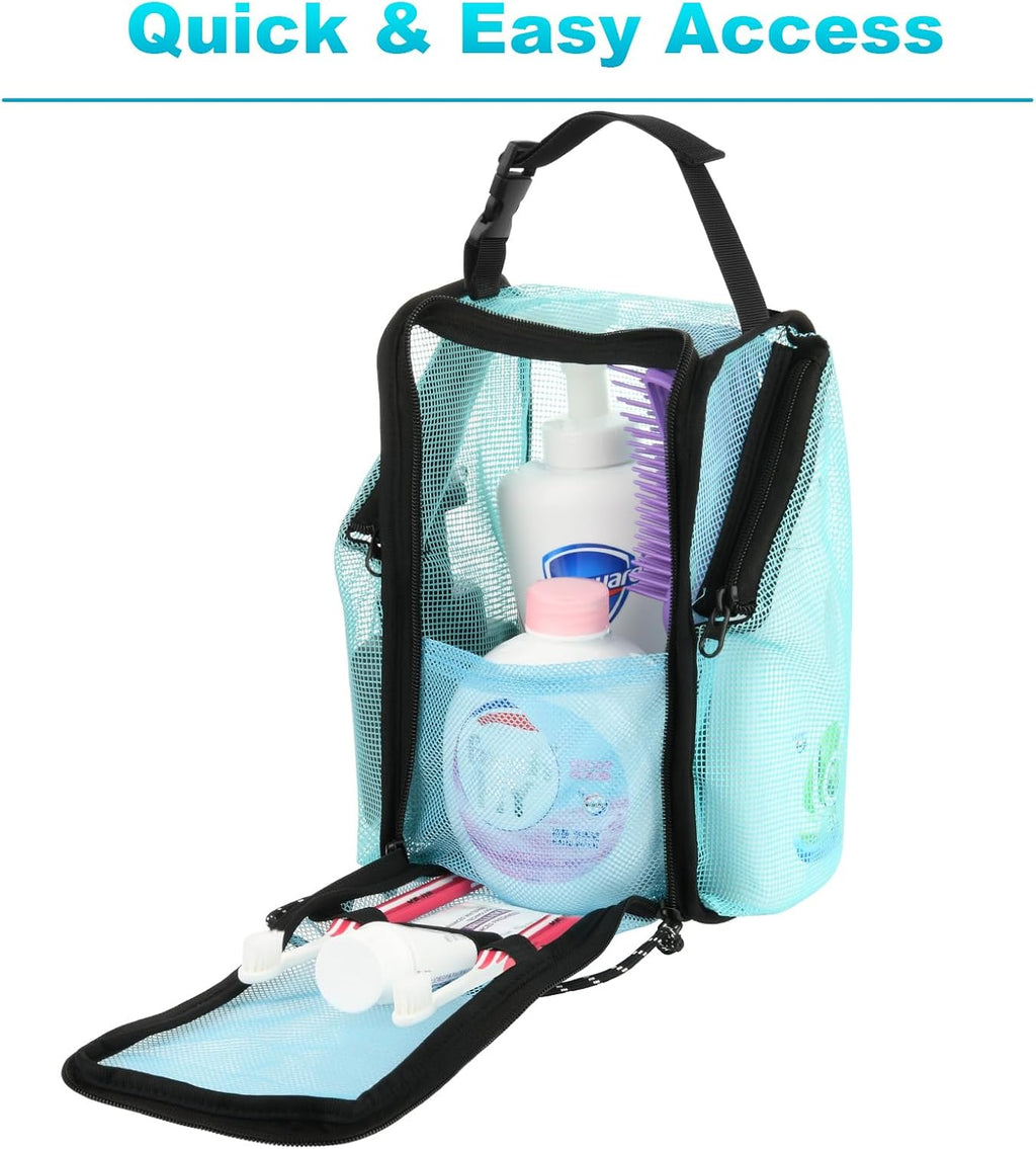 Cosmos Mesh Shower Caddy Toiletry Organizer Hanging Shower Tote Bag, Quick Dry Shower Organizer Portable Bath Bag with Durable Zippers & Side Pockets for Travel Gym Swimming Beach & Camp (Aqua Blue)