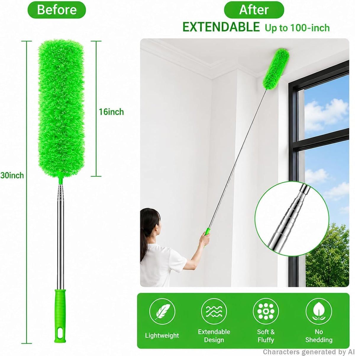 AZUN Microfiber Duster for Ceiling Fans, 30-100 in Telescoping Pole, Green