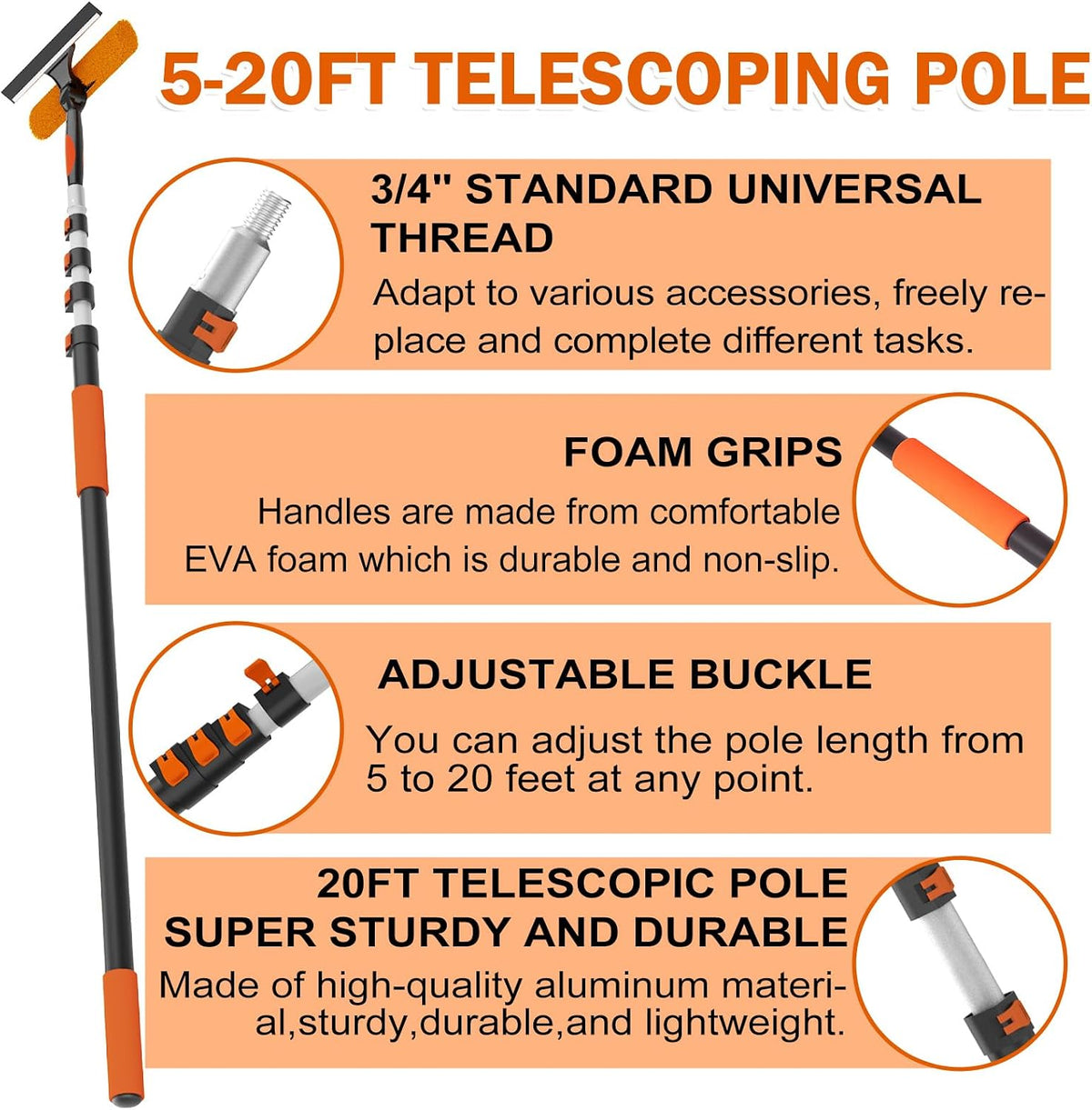 Buyplus 26Ft High Reach Squeegee for Window Cleaning Kit with 5 to 20 Foot Extension Pole, Extendable Window Cleaner Squeegee, Telescopic Window Washing Kit for Indoor/Outdoor High Window