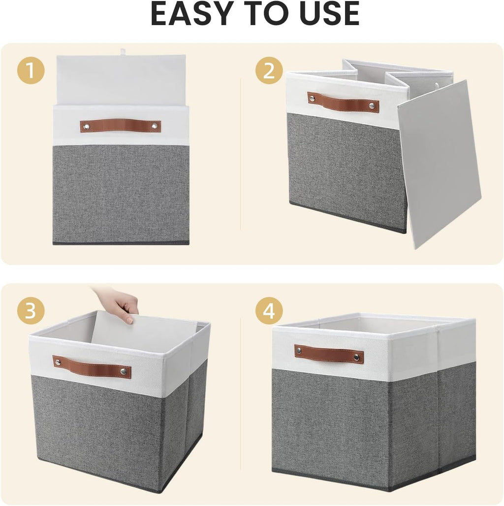 Posprica 13x13x13 Storage Cube Bins, Foldable Fabric Organizer Bins Storage Cubes Baskets Box Drawers for Shelves, Closet, Wardrobe, Bookshelf, 4 Pack, White/Gray