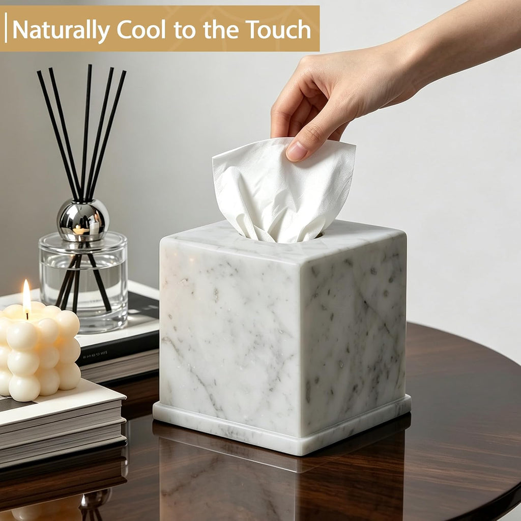 Natural Marble Tissue Box Cover, Carrara White Tissue Organizer