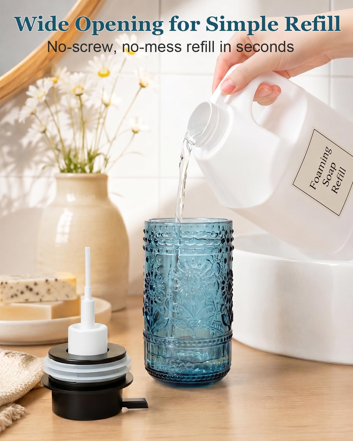 Glass Foaming Soap Dispenser, Vintage Foam Hand Soap Dispenser, Blue