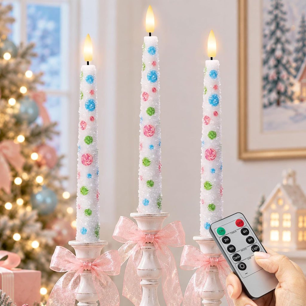Pastel Dot Flameless Taper Candles with Remote, Set of 3, Christmas Decor