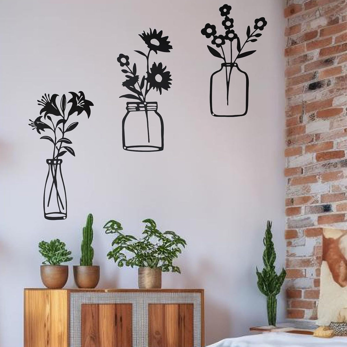 QZGXDECO Black Metal Flower Wall Decor,Metal Vase Wall Art,Minimalist Floral Wall Sculptures,Hanging Decor for Kitchen Dining Room Living Room Bathroom Bedroom(11.5'' X 3PCS)