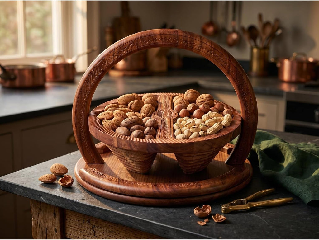 Best Holiday Gift Idea Wooden Collapsible Fruit Basket 2-Section Serving Bowl for Nuts, Snacks & Candy Essential Workers | Thanksgiving Gift | Diameter: 12" (2Celebration_Duo)