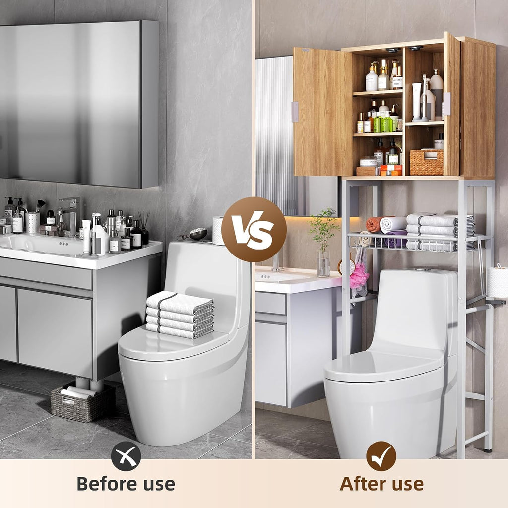 Kalrin Over The Toilet Storage Cabinet with Fluted Wave Doors and Adjustable Shelf, Wood Over Toilet Storage Rack with Drain Basket, Freestanding Bathroom Organizer for Balcony Laundry, Wood & White