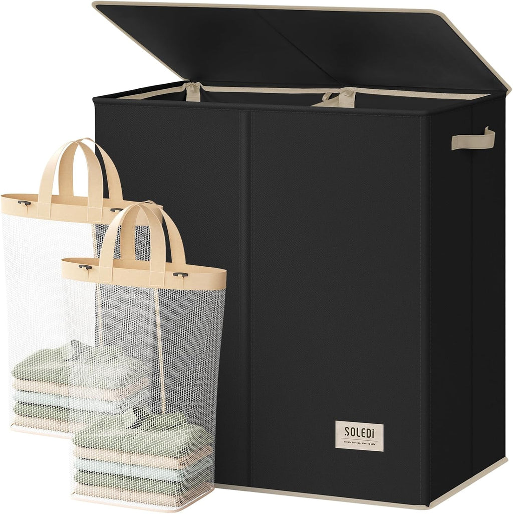 SOLEDI Large Double Laundry Hamper with Lid,165L Collapsible Clothes Hamper 2 section with Removable Bags, Space-Saving Laundry Basket for Bedroom, Dorm, College